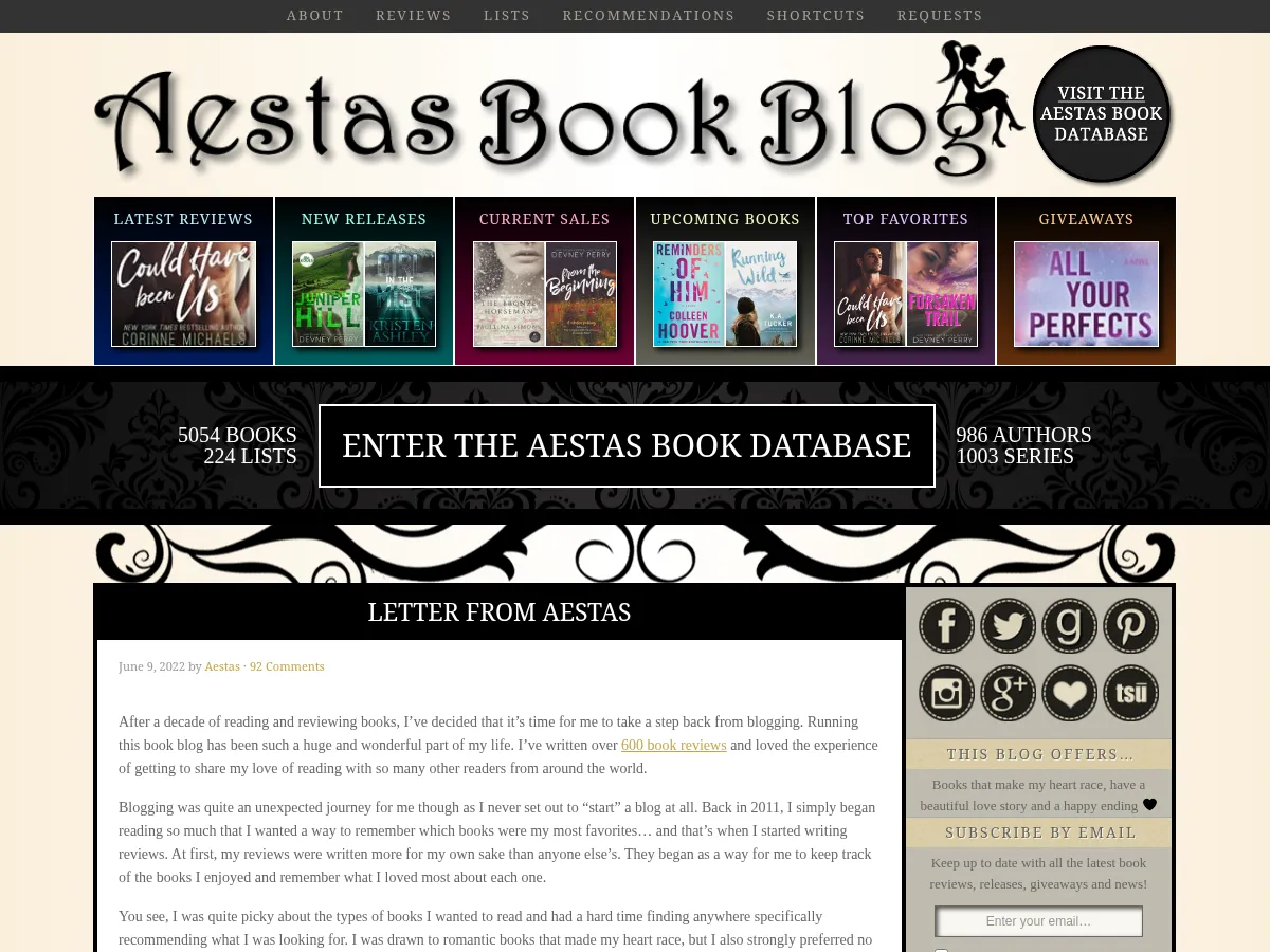 Aestas Book Blog Screenshot